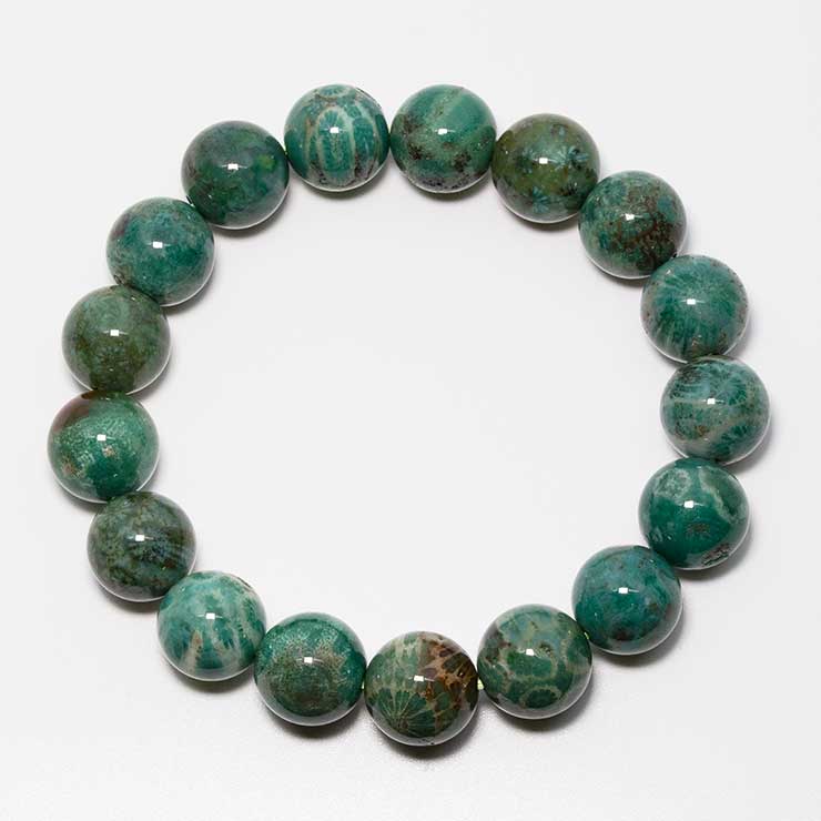 【一点もの】フォシルコーラル（グリーン）12mm シンプルブレスレット【鑑別書付き】 写真